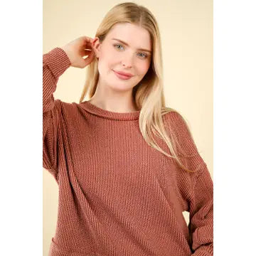 Two Tone Otto Ribbed Oversized Soft Comfy Knit Top in Cedarwood