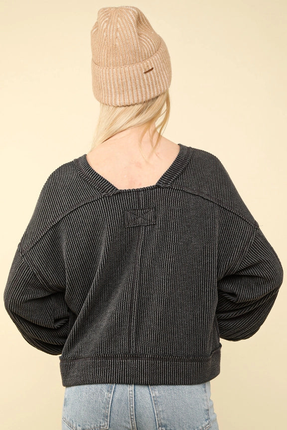 Two Tone Otto Ribbed Oversized Soft Comfy Knit Top in Charcoal