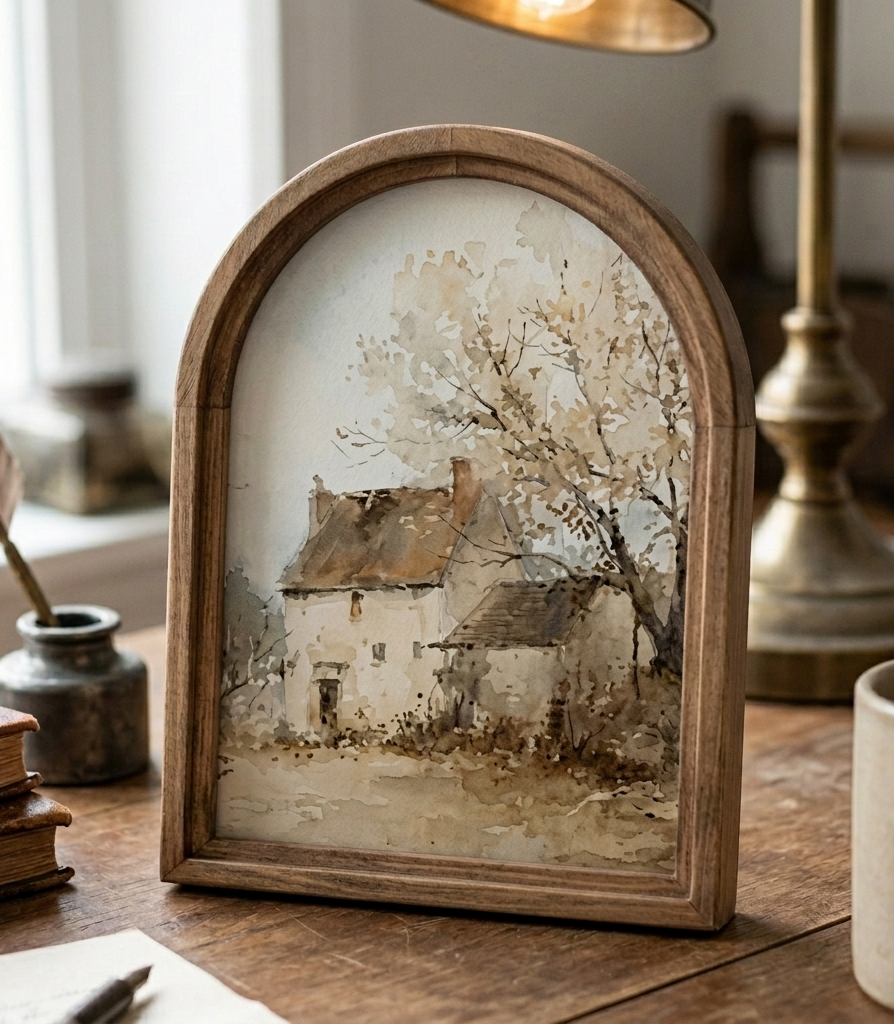 Wooden-framed artwork of a rustic farmhouse scene on a wooden table