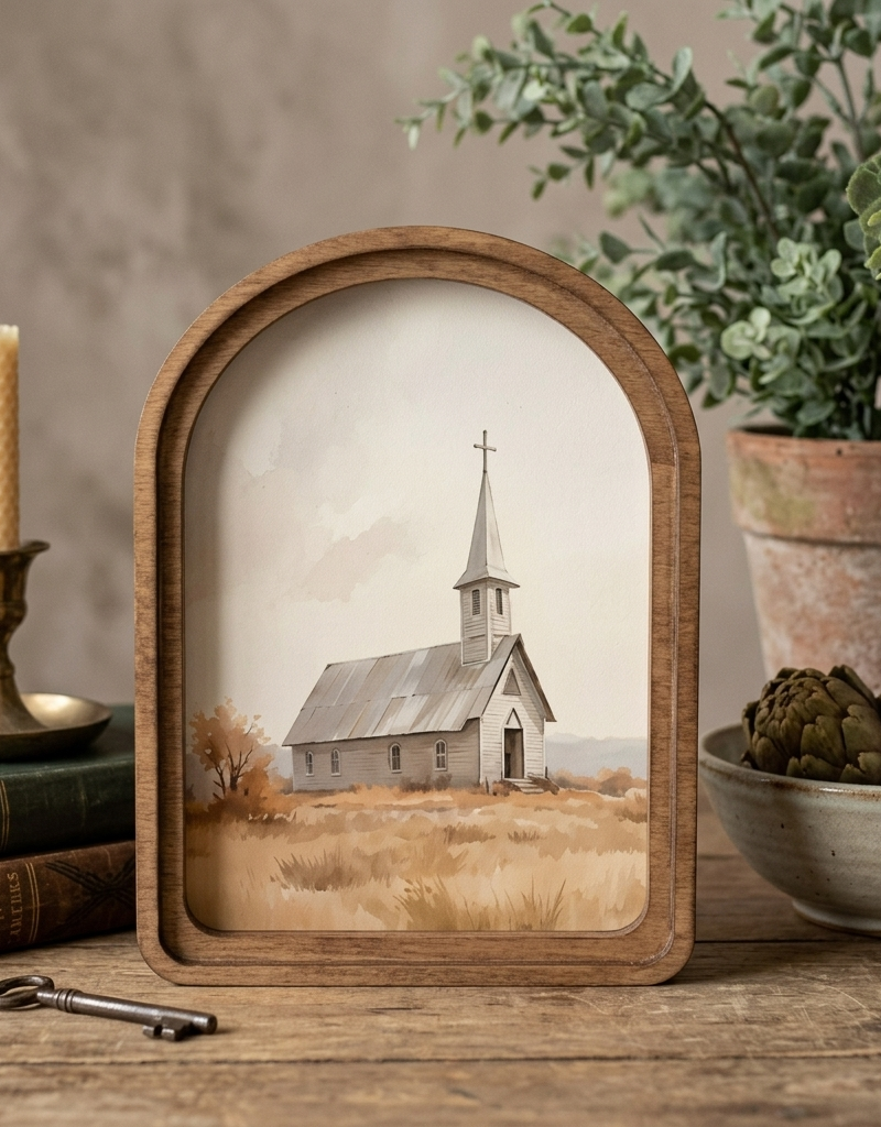 Framed arched picture of a church
