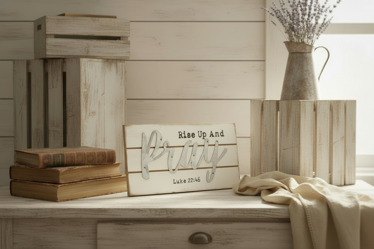 Wooden sign with 'Rise Up And Pray' and Bible verse on a wooden surface.