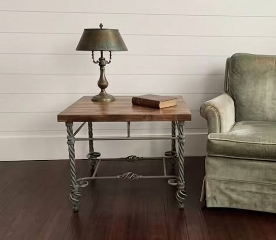 Olive Green Table with metal base and butcher block top