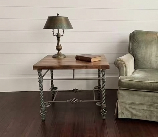 Olive Green Table with metal base and butcher block top