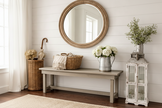 Nestled entryway with wooden weathered gray bench, round mirror, and decorative items.
