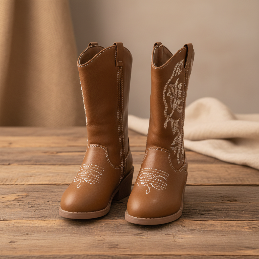 A pair of toddler western-style boots in tan brown faux leather with  embroidered stitching.