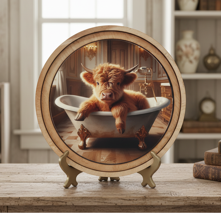 Decorative art with a Highland cow in a bathtub, framed in a wooden circle.