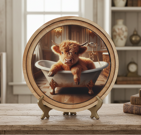 Decorative art with a Highland cow in a bathtub, framed in a wooden circle.