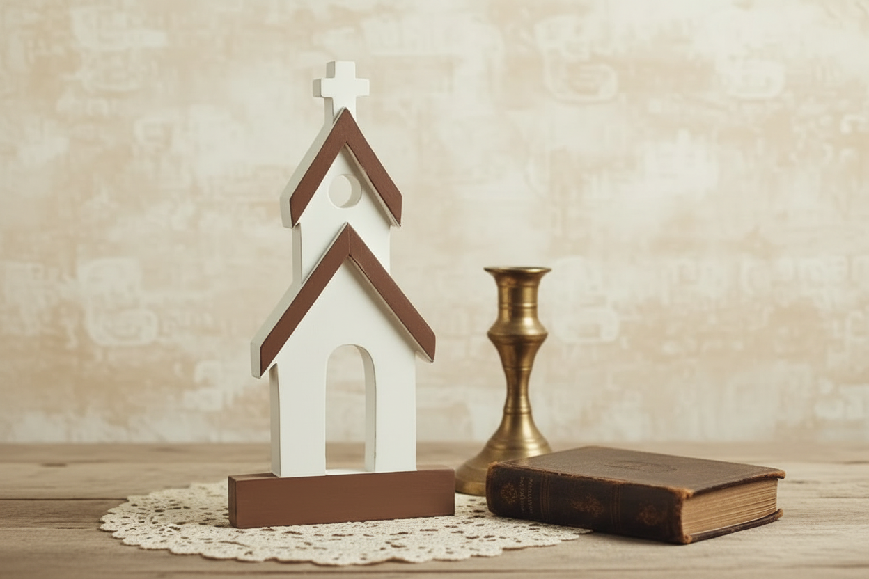 Rustic tropical wood church figurine with a distressed white finish and dark brown roof, styled like an old country church, displayed as a farmhouse décor accent piece