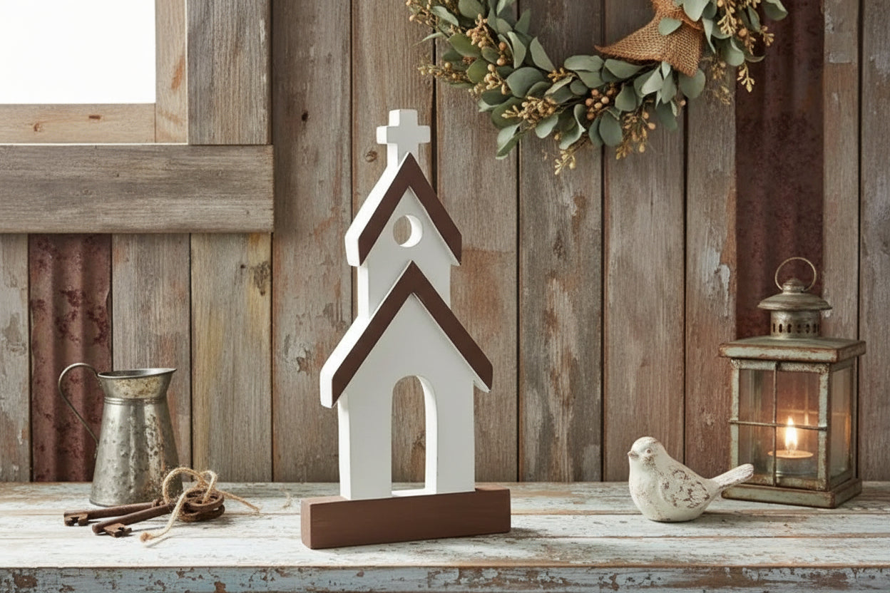 Wooden church figurine on a wooden surface with a wooden wall and greenery in the background