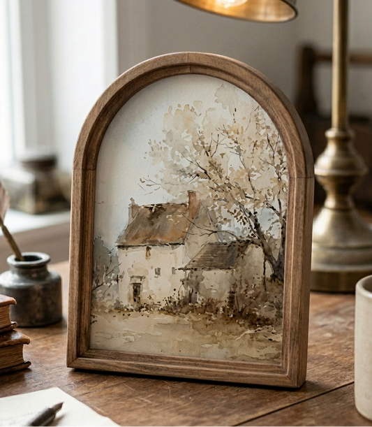 Wooden-framed artwork of a rustic farmhouse scene on a wooden table