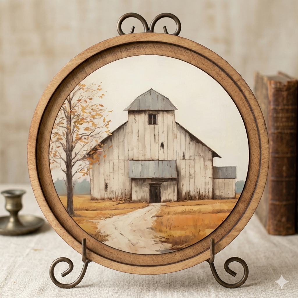 Round wooden frame with a painting of a golden barn on a stand
