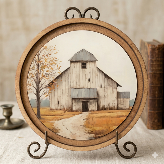 Round wooden frame with a painting of a golden barn on a stand