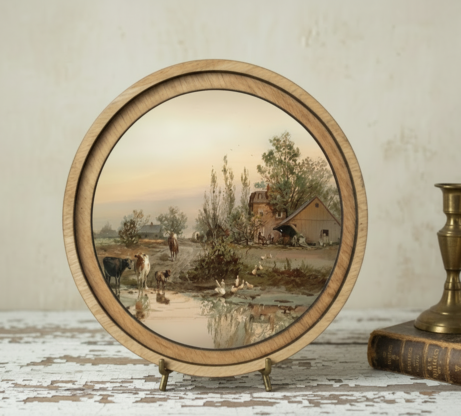 Wood frame artwork with a pastoral scene of animals and a barn.