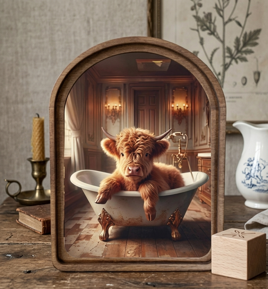 Arched Framed Artwork of a cute Highland cow in a bathtub 