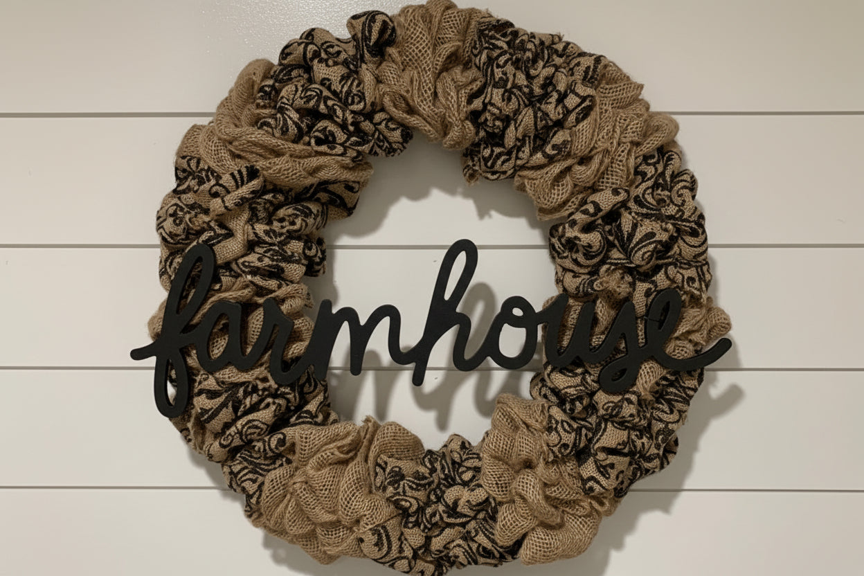 Burlap wreath with farmhouse wording in black